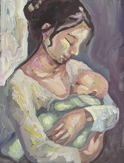 'في أحضانها'، للفنانة أنخيلا الأحمدية. ألوان زيتية على قماش. بإذن من&nbsp;مركز كتبنا الثقافي.&nbsp;&nbsp;&nbsp;&nbsp;