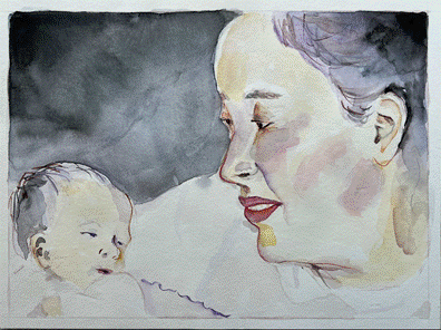 'حب الأم'، للفنانة كارين ستومبف. ألوان مائية على ورق ملوّن. بإذن من مركز كتبنا الثقافي.