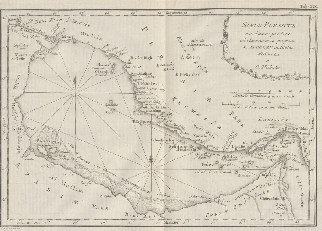 'Description de l'Arabie.' Carsten Niebuhr. 1774. Documenting the Arabian Peninsula as part of the Royal Danish Expedition to Arabia (1761–1767), Niebuhr's detailed maps highlight coastlines, ports, and maritime routes, showing how travel depended on navigating surrounding waters. (HC.FB.01362). Courtesy of the Heritage Collection Team in the Heritage Library, Qatar National Library.