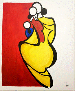 'العناق'، للفنان كومالديب مكار. ألوان أكريليك على قماش. بإذن من&nbsp;مركز كتبنا الثقافي.&nbsp;