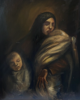 'العناق الأخير'، للفنانة ملك ياسر دلول. ألوان زيتية على قماش. بإذن من مركز كتبنا الثقافي.&nbsp;