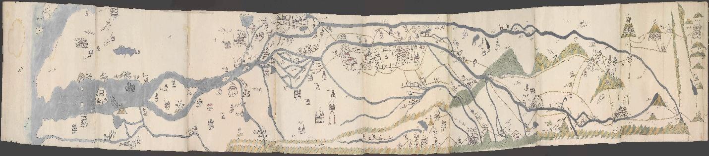 'The Trumbull Map of the Euphrates, the Tigris Rivers and the Gulf.' possibly Evliya Chalabi (d. 1682). 17th century. Brought to England by Sir William Trumbull (d. 1716), ambassador to the Ottoman Empire from 1687–1691, this manuscript map is possibly the work of the Ottoman traveler Evliya Chalabi, renowned for his travelogue the Seyahatname. It traces the Tigris and Euphrates rivers from Eastern Anatolia through Mesopotamia and into the Gulf, and is rich in detail on villages, towns, shrines, and the routes between them. Among its noteworthy features are an oil seep, Noah's Ark on the summit of Mount Judi, and the holy city of Mecca. (HC.MAP.0001). Courtesy of the Heritage Collection Team in the Heritage Library, Qatar National Library.