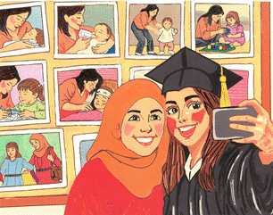 Dania Osama ObaidMy Mother, My Companion on the JourneyThis painting tells the story of a lifetime. A young woman stands in her graduation gown, smiling for a quick phone photo. It looks like a simple moment — but it holds a shared triumph.Behind her is a wall of memories: her first cry as a baby, her small, unsteady steps held by her mother’s hand, the long nights of studying and quiet encouragement. Each image in the background helped build this very day.The painting is more than a graduation scene. It is a heartfelt thank you to the one who stood quietly behind every achievement. It reminds us that motherhood is not just where life begins, it is the steady presence that walks beside us through every stage of the journey.