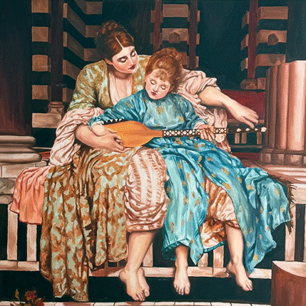 ‘Melodies of the Orient,’ by Ceren Degirmenci. Courtesy of the artist.A vibrant celebration of culture, music, and mentorship, the painting depicts two figures in ornate garments, engrossed in the act of playing a traditional stringed instrument. 