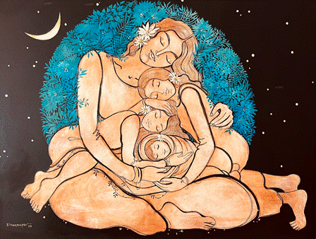 'الأم الأرض- النقطة الزرقاء الباهتة'، للفنانة مونا بيسواروبا موهانتي. وسائط مختلطة – تربة، حبر وأكريليك على قماش قطني. بإذن من مركز كتبنا الثقافي.&nbsp;