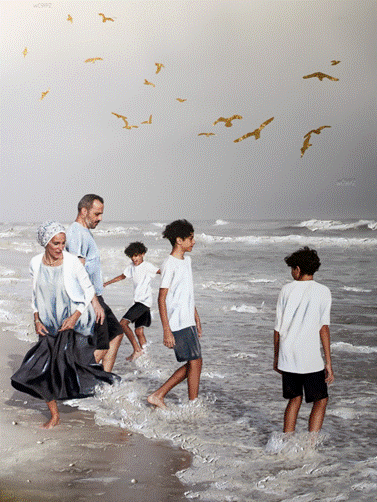 'الساعة الذهبية'، للفنانة نسرين منيب شوا. وسائط مختلطة على قماش. بإذن من مركز كتبنا الثقافي.&nbsp;