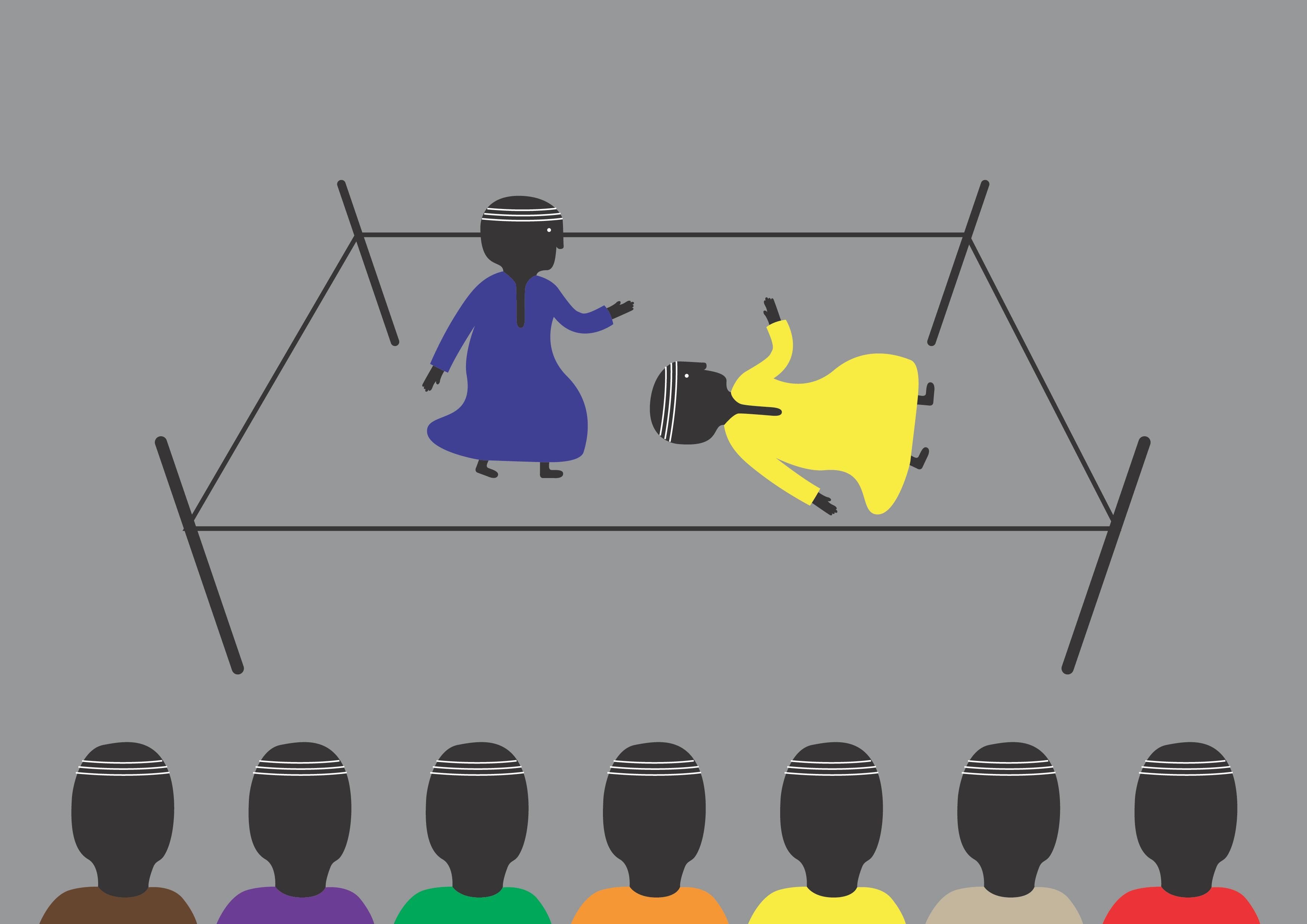 A scene inspired by the artist’s memories of watching wrestling on television. Courtesy of the artist Mohamed Sharkawy. 