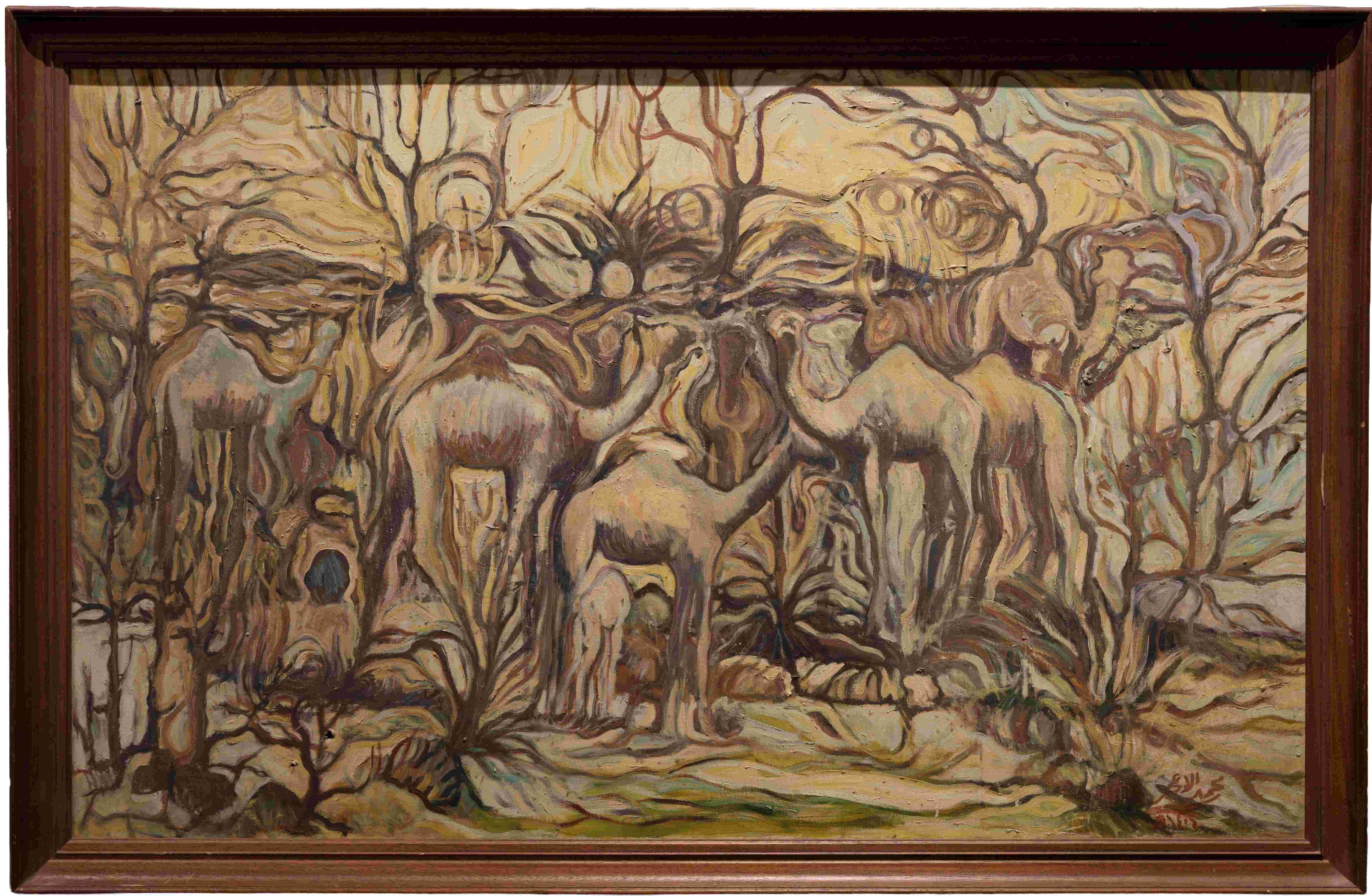 ‘Camel Pasture.’ Mohammed Alajam. 1985/1986. Oil on canvas. 74 x 120 cm. Courtesy of Mohammad Abdullah Alalyani private collection. Photo by Ahmed Al-Thani.&nbsp;