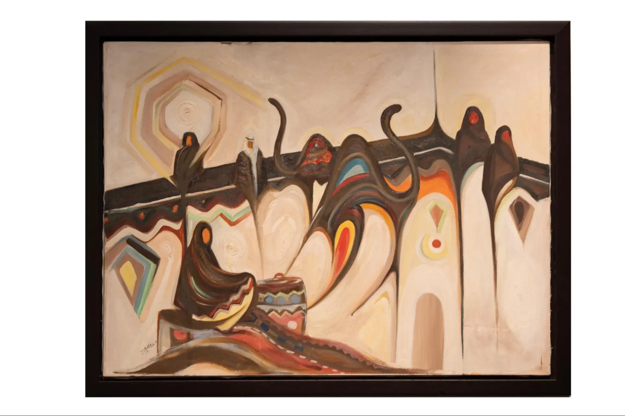 ‘From the Desert.’ Abdullah Nawawi. 1987. Oil on canvas. 90 x 123 cm. Credit: Collection of the Museums Commission, Ministry of Culture. Photo by: Ahmad Al Thani. Exhibit Bedayat: Beginnings of Saudi Art Movement.&nbsp;