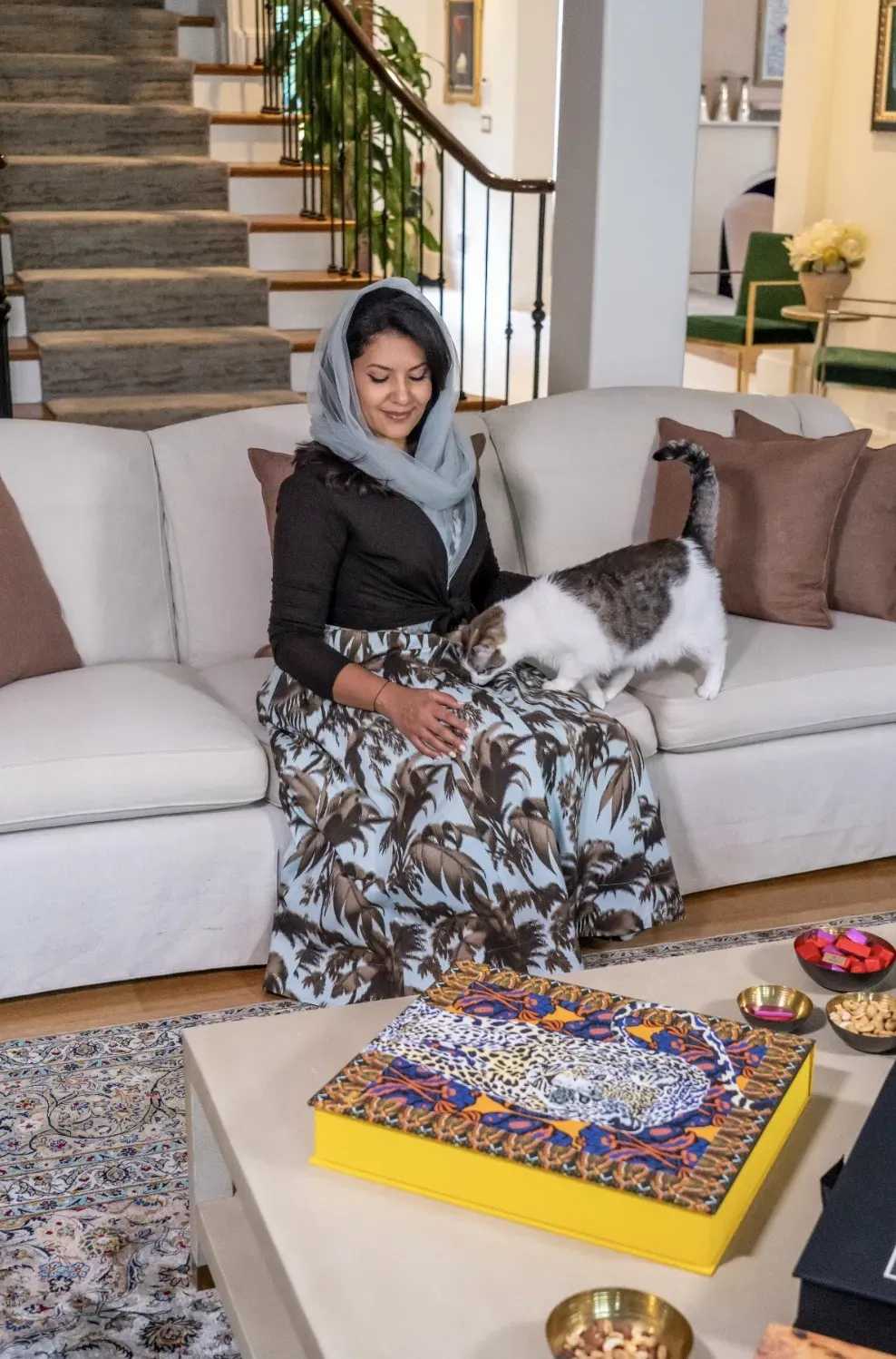 HRH Ambassador Reema Bandar Al-Saud with her cat George at her home in the United States. Photo by Rania Abdel Razek.&nbsp;