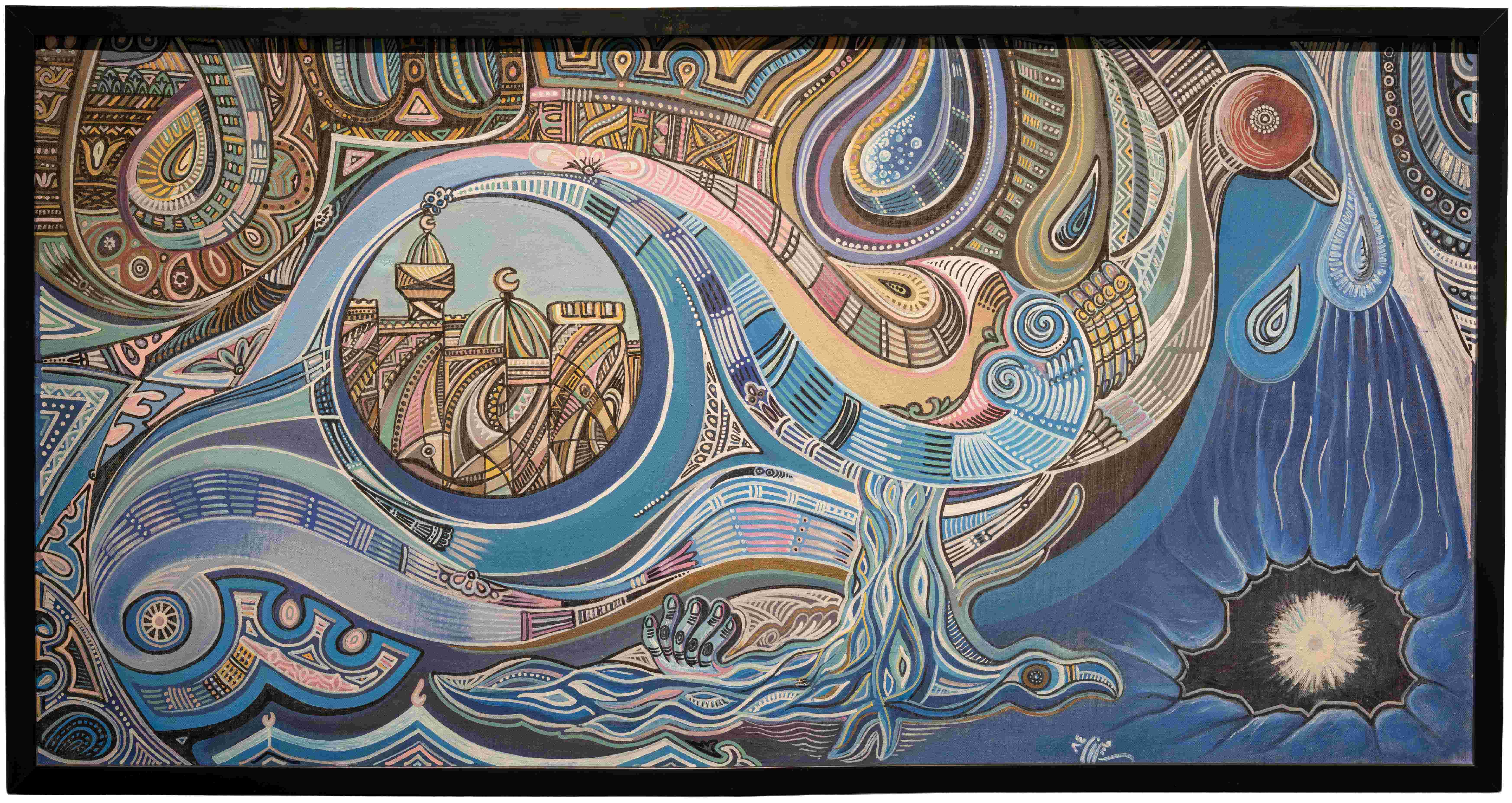 ‘Ornaments.’ Mirza Alsaleh. 1984. Mixed media on canvas. 79 x 140 cm. Credits: Collection of the Museums Commission, Ministry of Culture. Photo by Ahmed Al-Thani.&nbsp;