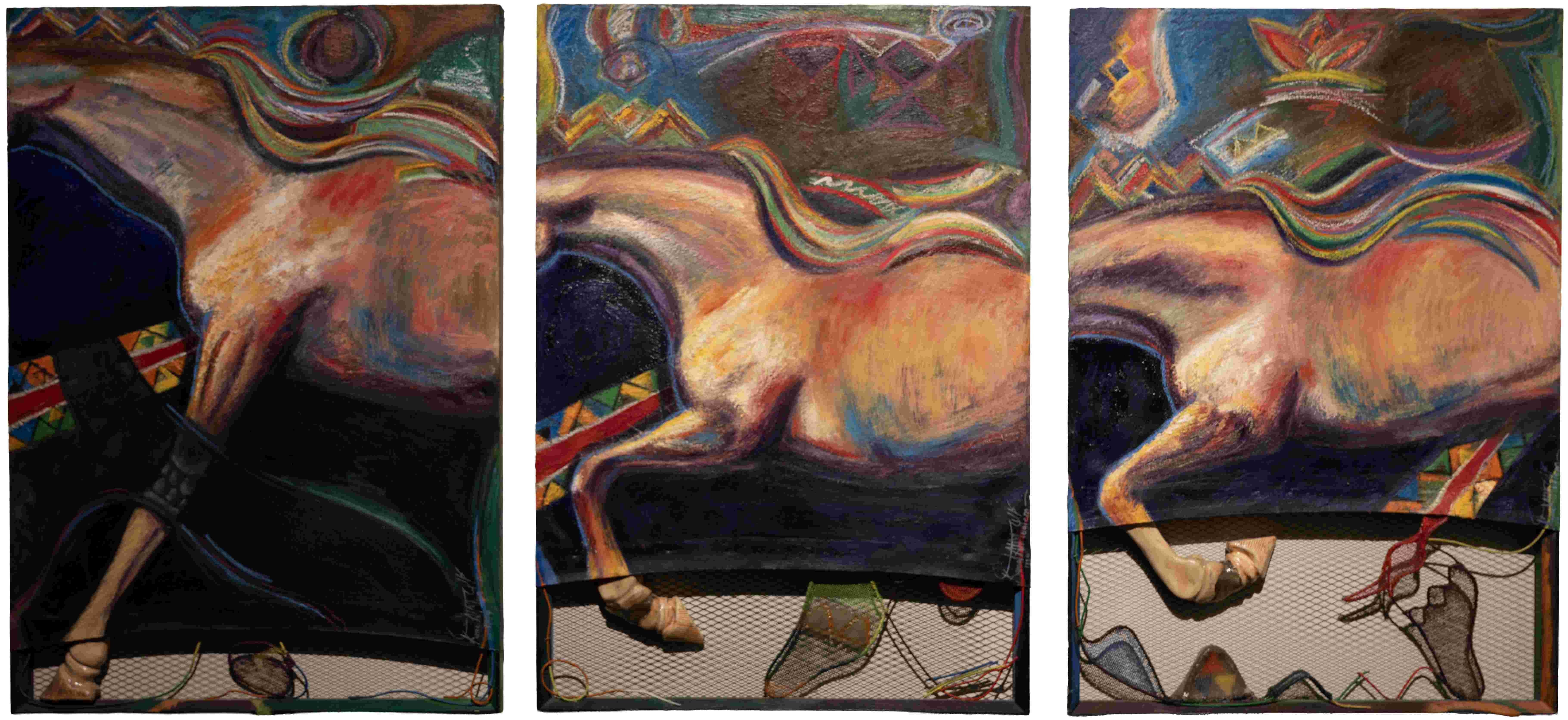 ‘Triptych.’ Kamal Almualem. 1994. Mixed media on canvas. Credits: Al-Mansouria Foundation for Culture and Creativity, Jeddah, KSA. Photo by Ahmed Al-Thani.&nbsp;