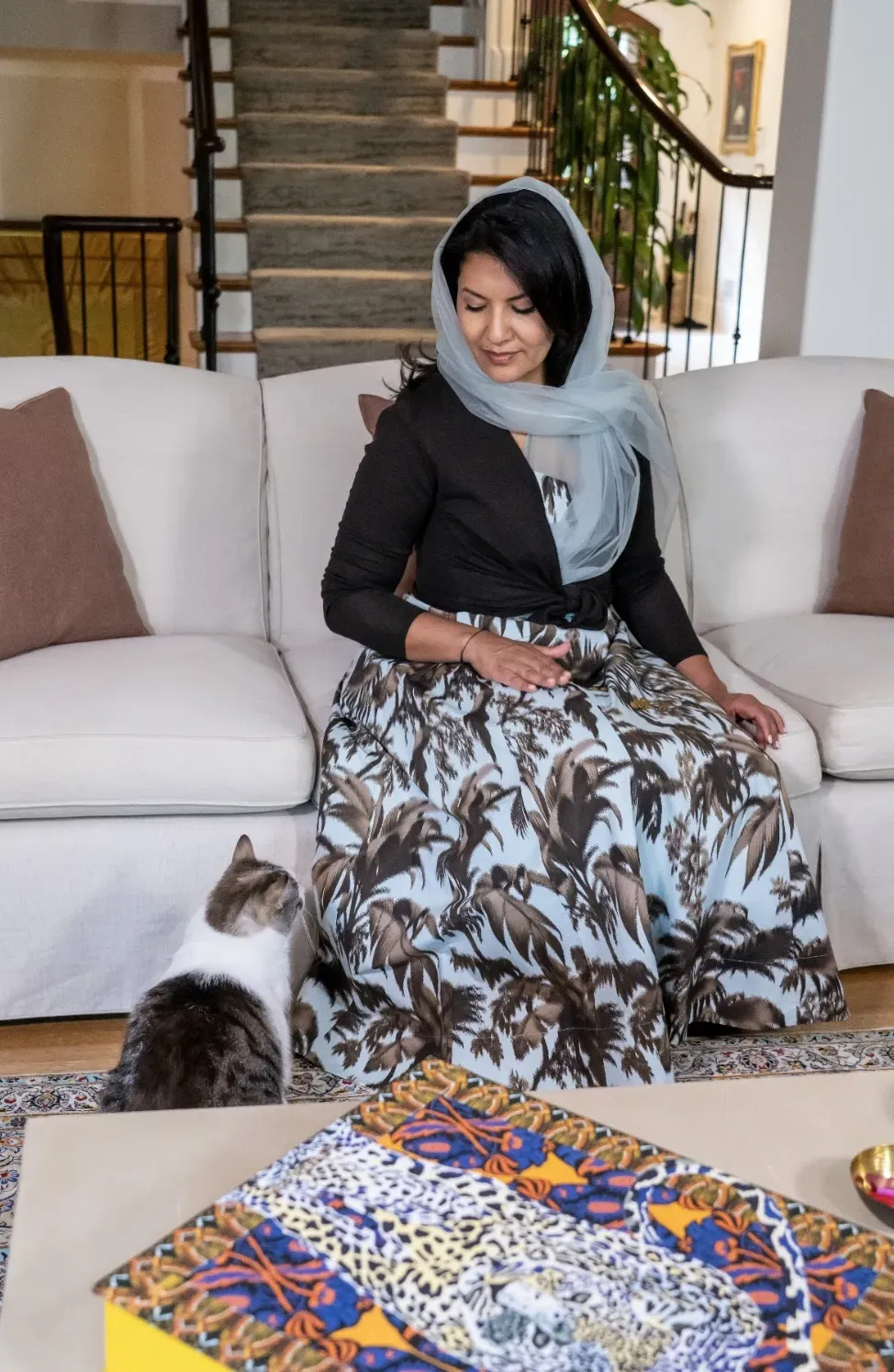 HRH Ambassador Reema Bandar Al-Saud with her cat George at her home in the United States. Photo by Rania Abdel Razek.&nbsp;