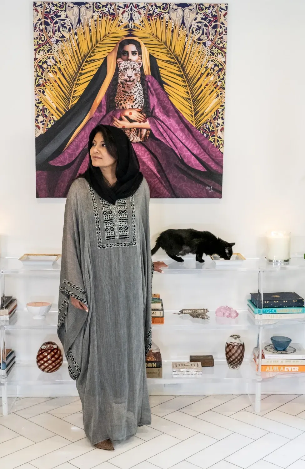 HRH Ambassador Reema Bandar Al-Saud with her cat Faith at her home in the United States.Photo by Rania Abdel Razek.&nbsp;