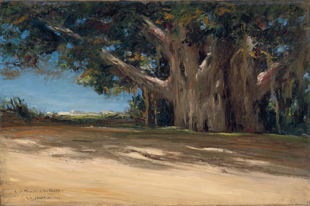 ‘Les Sycamores du Vieux Caire (Old Cairo& Sycamore Trees),’ by Georges Hanna Sabbagh. 1929, Oil on canvas, 54 x 81.5 cm. Image courtesy of Barjeel Art Foundation, Sharjah.