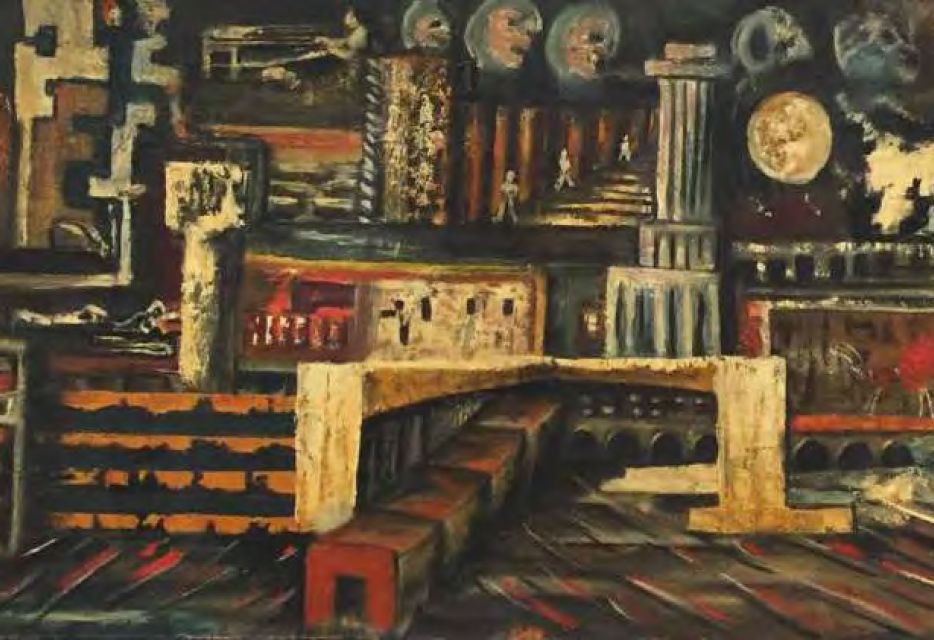 Untitled (Cityscape) by Aref El Rayyess. 1961. Oil on masonite, 50 x 130 cm. Image courtesy of Barjeel Art Foundation, Sharjah.