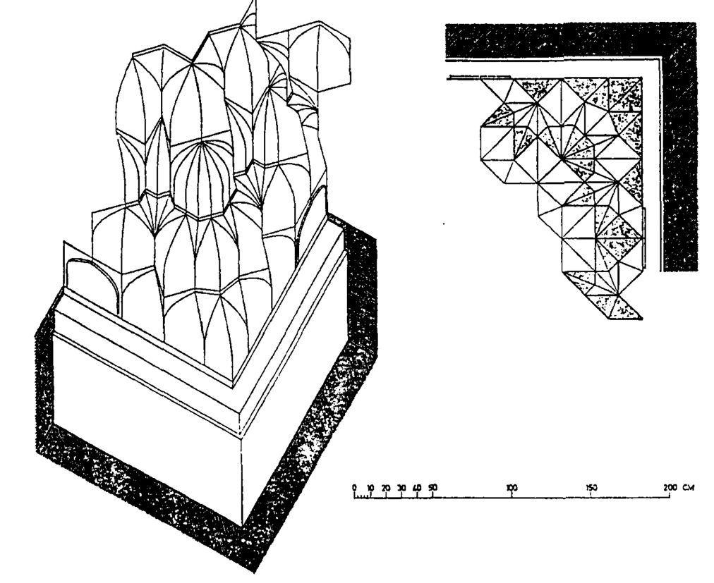 شكل 8+9: رسومات الكاشي الأمامية والجانبية للمقرنصات. تعرض الرسومات العلاقة التحليلية بالفضاء المعماري والتي يمكن استنتاجها من الأنماط ثنائية الأبعاد. هذا النوع من التمثيل مهم جدًا للفهم التقني والرياضي.