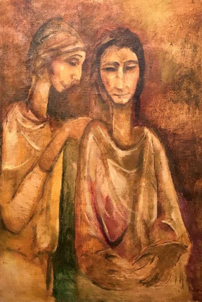 “Sisters,” Suad Al Atta 1964, Oil on jute canvas, 100 x 79 cm. Image courtesy of Barjeel Art Foundation, Sharjah.