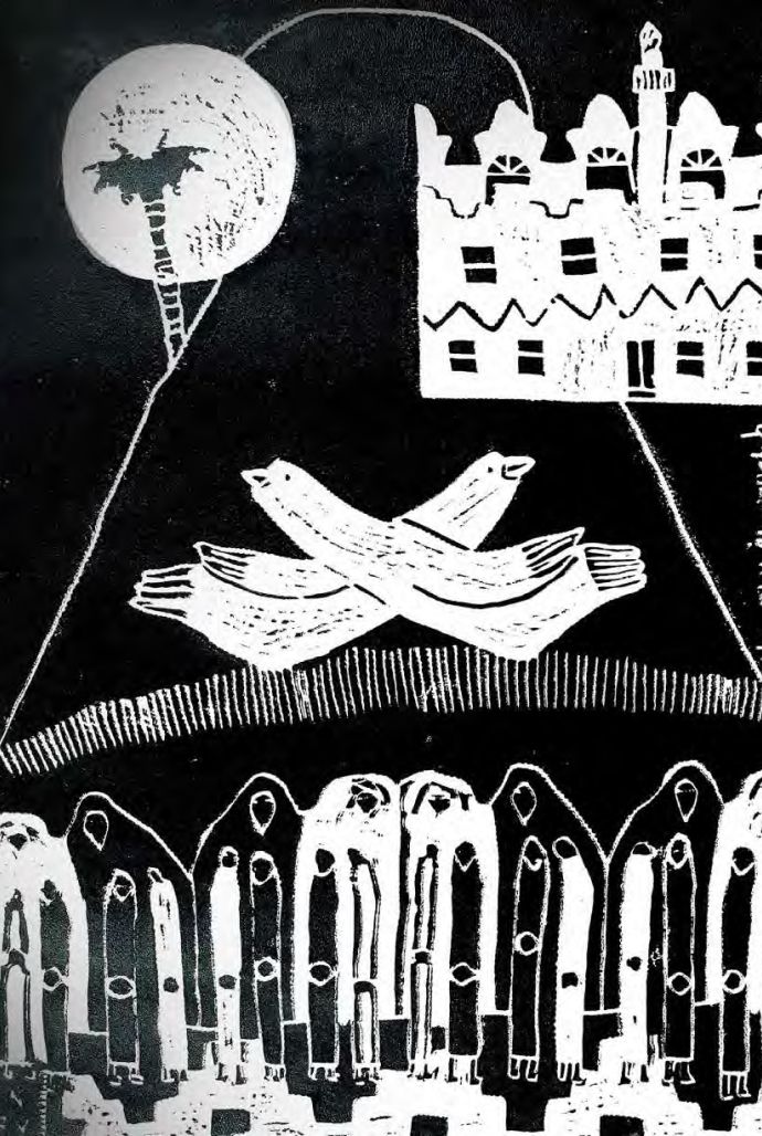 “Love and Kindness,” Nasser Al Yousif 1997, Linocut print, 46 x 64 cm. Image courtesy of Barjeel Art Foundation, Sharjah.