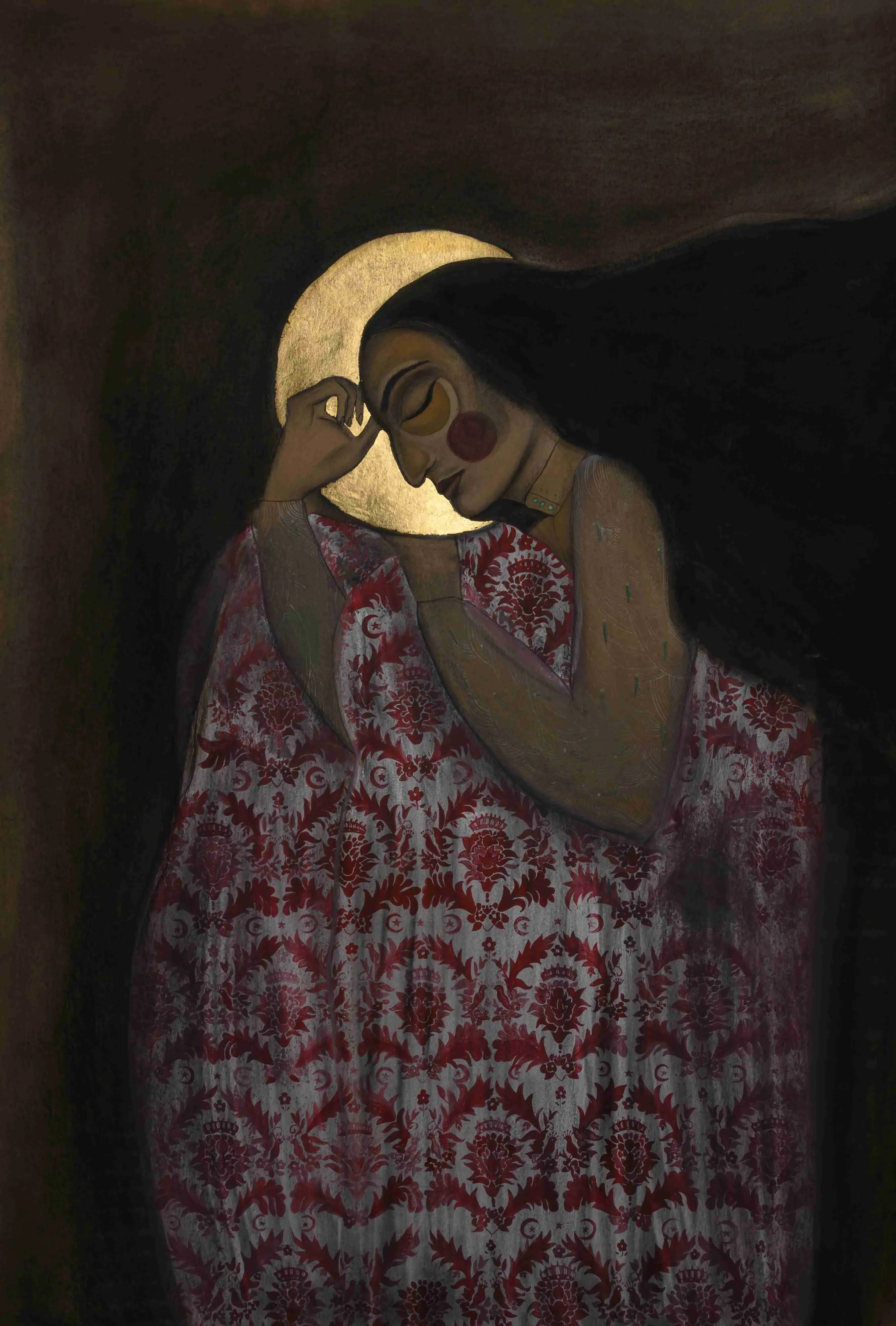 ‘Layla falls asleep.’ Sara Al Abdali. 2019. Gouache, charcoal, and gold on paper. 70 × 160 cm. Courtesy of the artist.&nbsp;