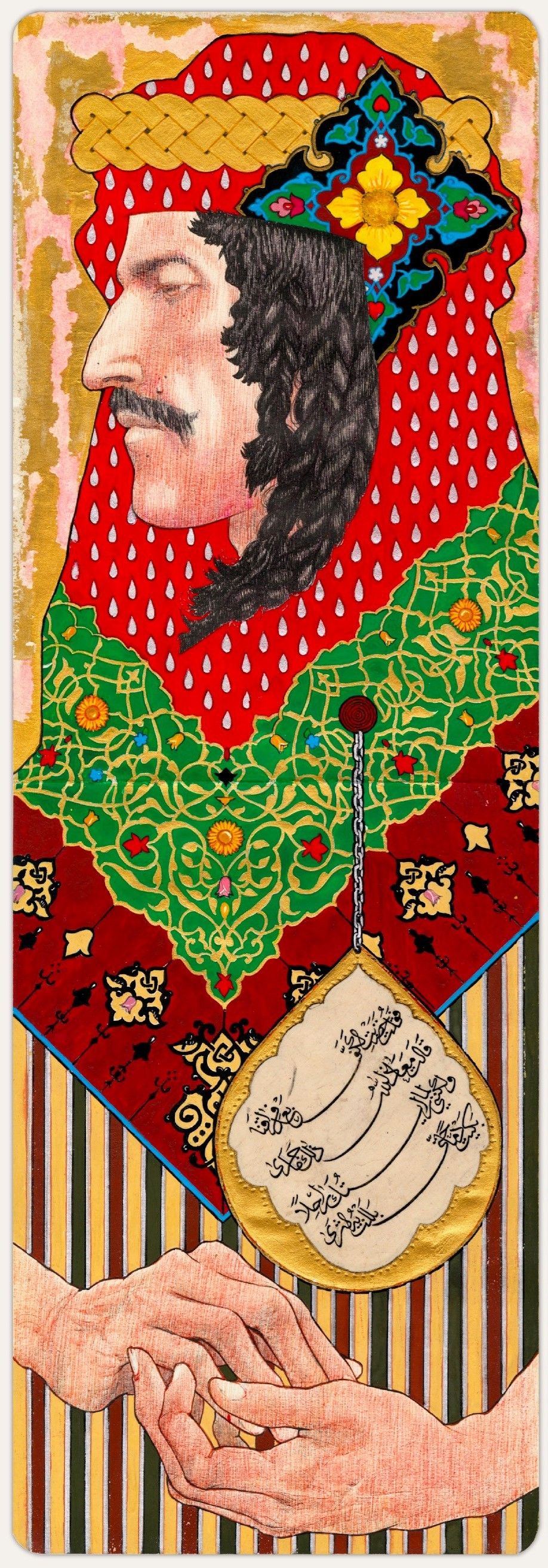 Qays ibn al-Mulawwah. Drawing: Ink and gouache on paper، Writing: Arabic ink on crushed mulberry paper. Drawing: Obaid Ba Humaid، Calligraphy: Mohammed AlSalhani. Courtesy of the artist Obaid Ba Humaid.